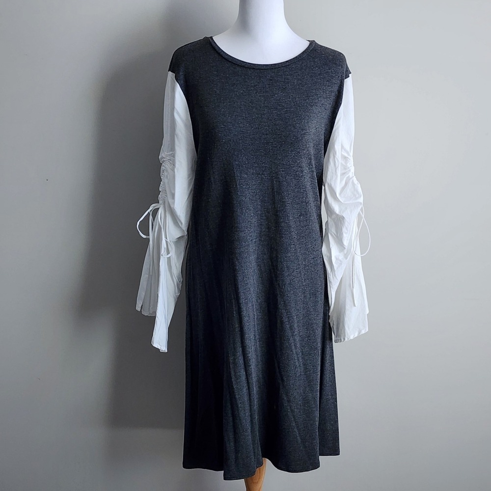 Shift Dress Womens Large Gray White Ruched Bell Sleeve Peasant Prairie Cottage - Picture 2 of 14